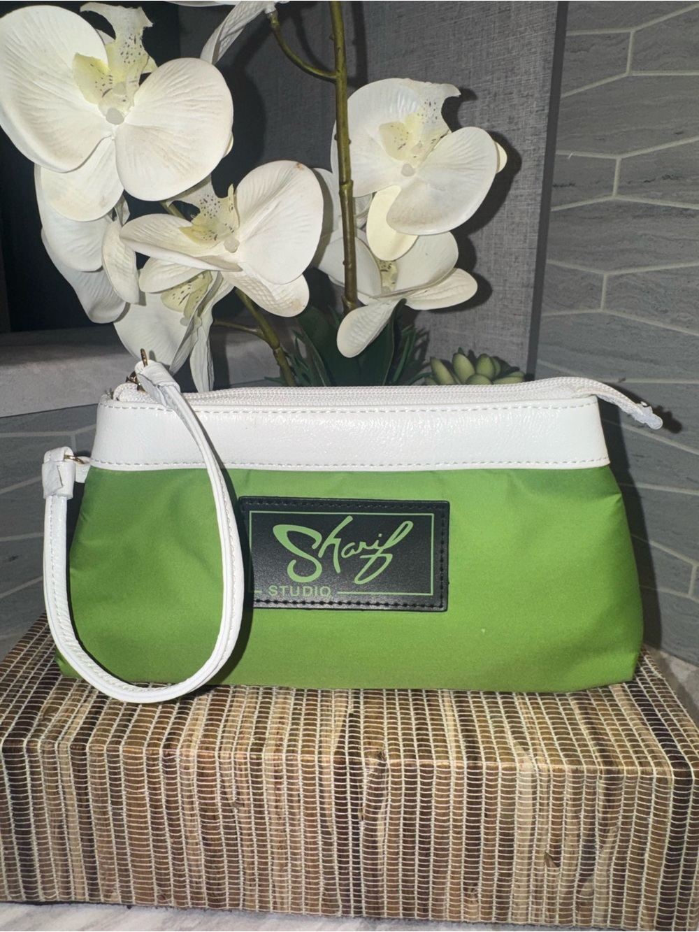 Like New Sharif Green and White Wristlet Clutch with Mirror on Back fits Phone